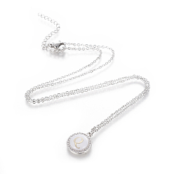Letter Q Brass Initial Pendant Necklaces, with Shell, Cubic Zirconia and 304 Stainless Steel Cable Chains, Flat Round with Letter, Letter.Q, 17.5 inch(44.5cm), 1.5mm