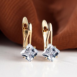 Прозрачный Серьги-кольца с ромбами из латуни и микропаве из кубического циркония, золотые, прозрачные, 17x13 мм