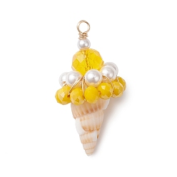 Желтый Подвески из ракушек и стекла, очарование мороженого, с экологически чистой медной проволокой, желтые, 32~34x16~17.5x8 мм, отверстие : 2.3 мм