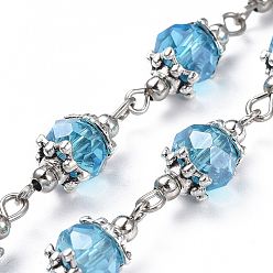 Небесно-голубой Ручной цепи стекло бисером, с бусинами из сплава, железные бусины и железные проушины, несварные, голубой, 39.37 дюйм (1 м), ссылка: 7.5x20.5 mm, 1 м / прядь