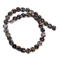 Черный Handmade millefiori lampwork beads strands, плоско-круглые, чёрные, 9.5~10x3.5~4 мм, отверстие : 0.6 мм, около 36 шт / нитка, 13.90''~14.41'' (35.3~36.6 см)