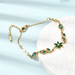 Golden 304 Stainless Steel Rhinestone and Glass Flower Leaf Link Chain Bracelets, Ion Plating(IP), Green and Sky Blue, Golden, 5.91 inch(15cm)