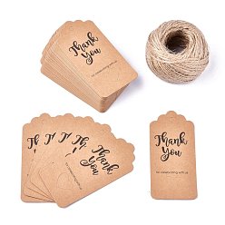 BurlyWood Paper Gift Tags, Hang Tags, with Jute Twine, for Wedding Thanksgiving, Rectangle with Word Thank You for Celebrating with Us, BurlyWood, 9.5x4.5x0.05mm, Hole: 5.3mm, 100pcs/set