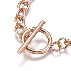 Rose Gold Unisex 304 Stainless Steel Cable Chain Bracelets, with Toggle Clasps, Rose Gold, 7-5/8 inch(19.4cm), 5mm