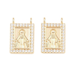 Chapado en Oro Real 18K Colgantes religiosos de latón con micropavé de circonitas cúbicas transparentes, rectángulo con colgantes de virgen maría, real 18 k chapado en oro, 15.5x10.5x2.5 mm, agujero: 1.2 mm