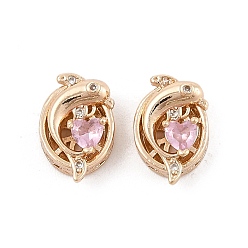 Бледно-Розовый Стойки обшивки латунь микро проложить кубического циркония бусы, долговечный, без свинца и без кадмия, реальный 14 k позолоченный, дельфин с сердцем, розовый жемчуг, 14x9~9.5x5.5 мм, отверстие : 1.6 мм