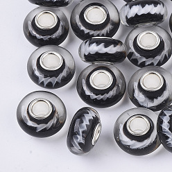 Черный Бусины лэмпворк европейского стиля , бусины с большим отверстием, с серебристым покрытием из латуни, рондель, чёрные, 14x7.5 мм, отверстие : 4 мм