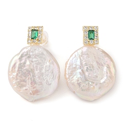 Настоящее золото 14K Натуральный жемчуг серьги, Плоские круглые серьги с подвесками из латуни с микропаве и прозрачным кубическим цирконием для женщин, реальный 14 k позолоченный, 23.5~25x16~17.5 мм