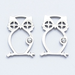 Нержавеющая Сталь Цвет 316 Соединители звенья микропаве из нержавеющей стали фианиты, сова, прозрачные, цвет нержавеющей стали, 17x11x2 мм, отверстие : 2.5x3 мм