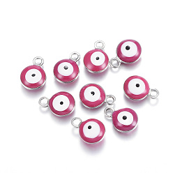 Pale Violet Red 304 Stainless Steel Enamel Charms, Flat Round with Evil Eye, Stainless Steel Color, Pale Violet Red, 8.5x6x4mm, Hole: 1mm