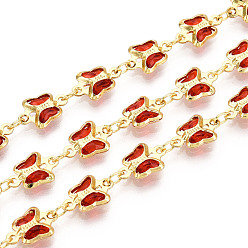 Темно-Красный Латунные стеклянные цепочки-подвески в виде бабочек, пайки, с катушкой, золотые, темно-красный, 10.5~11x7x2 мм, около 32.81 футов (10 м) / рулон