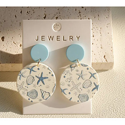 Небесно-голубой Акриловые болтаться серьги стержня, плоские круглые с морскими звездами рисунком, голубой, 47x32 мм