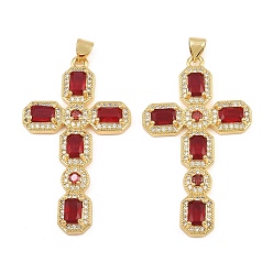 Red Brass Micro Pave Cubic Zirconia Pendants, Octagon Shaped Cross Charms, Cadmium Free & Lead Free, Golden, Red, 45.5x26x4.5mm, Hole: 5mm