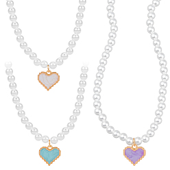 (52) Непрозрачная лаванда 3 шт. 3 ожерелья с подвеской в виде сердца из сплава и эмали разных цветов, белые круглые бусины из искусственного жемчуга для женщин, золотой свет, разноцветные, 19.09 дюйм (48.5 см), 1 шт / цвет
