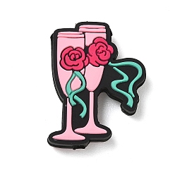 Geschirr Silikonperlen zum Valentinstag, Fokalperlen, rosa, Champagnergläser mit Rosenblüten, 30.5x23x8.5 mm, Bohrung: 2 mm