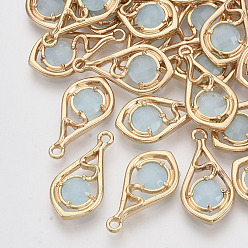 Sky Blue Faceted Glass Pendants, with Eco-Friendly Alloy Open Back Settings, Nickel Free, Teardrop, Light Gold, Sky Blue, 21x11x3.5mm, Hole: 1.6mm