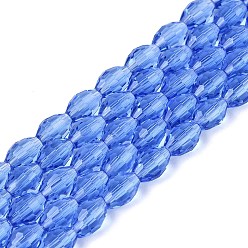 Cornflower Blue Transparent Glass Beads Strands, Rice, Faceted, Cornflower Blue, 8~9x5~6mm, Hole: 0.9~1mm, about 67~68pcs/strand, 22.83~23.62 inch(58~60cm)