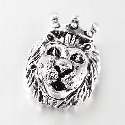 Античное Серебро Сплавочные овальные бусины тибетского стиля , голова льва с короной, античное серебро, 14x11.5x8 мм, отверстие : 2.5 мм