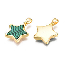 Malachit Echte 18 k vergoldete Messinganhänger, mit synthetischen Malachit cabochons, Cadmiumfrei und Nickel frei und Bleifrei, Stern, Malachit, 17x15x3 mm, Bohrung: 2.5x5 mm