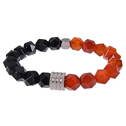 Red Agate Эластичные браслеты из натурального красного агата и обсидиана для мужчин., многоугольник, с колонновидным валиком из нержавеющей стали, 7.09 дюйм (18 см) ~ 8.66 дюйм (22 см)