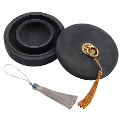 Античная бронза & Золотой Влагоудерживающие чернильные камни с крышкой, многоразовая чернильница, для шлифования чернил, держатель ручки, принадлежности для каллиграфии, с крышкой, плоско-круглые, античная бронза и золото, 12.5x3.6 см, Внутренний диаметр: 10.3 cm