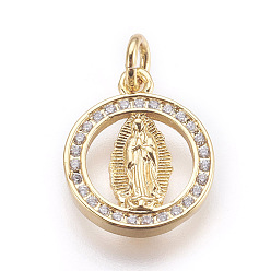 Golden Brass Micro Pave Cubic Zirconia Pendants, Lady of Guadalupe Charms, Lead Free & Cadmium Free, Flat Round with Virgin Mary, Golden, 15.5x13x2mm, Hole: 3mm