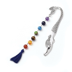 Marine Blue Tibetan Style Alloy Bookmarks, with Gemstone Beads Chains, Cotton Thread Tassel Pendant Decorations, Mermaid, Marine Blue, 165mm