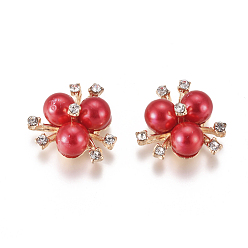 Red Alloy Cabochons, with Crystal Rhinestone & Acrylic Imitation Pearl, Flower, Light Gold, Red, 19~20x21~22x10mm