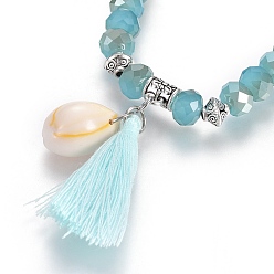 Sky Blue Chakra Jewelry, Cotton Thread Tassels Pendant Stretch Bracelets, with Natural & Synthetic Mixed Stone Beads, Glass Beads, Cowrie Shell and Alloy Findings, Sky Blue, 2-1/4 inch(5.8cm)
