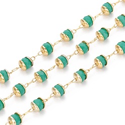 Светлый Морско-зеленый Ручной цепи стекло бисером, с латунной фурнитурой , долговечный, рондель, граненые, пайки, золотые, светло-зеленый, 4 мм, около 32.8 футов (10 м) / рулон