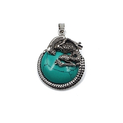 Turquoise Synthetic Turquoise Pendants, with Antique Silver Alloy Finding, Flat Round with Skull Charms, 40x35mm