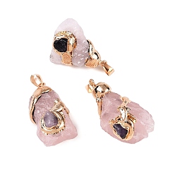 Розовый Кварц Кулоны из сырого грубого натурального розового кварца, подвески-самородки с латунным краем и железной фурнитурой, золотые, 32.5~44.5x21~33x18.5~32.5 мм, отверстие : 4x7.5 мм