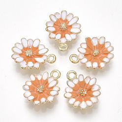 Dark Orange Alloy Pendants, with Enamel, Flower, Light Gold, Dark Orange, 15x12x3mm, Hole: 1.4mm