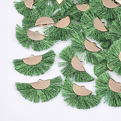 Green Polyester Tassel Pendants, with Metallic Cord and Iron Findings, Fan Shape, Golden, Green, 17~20x30~34x2.5mm, Hole: 3x1mm