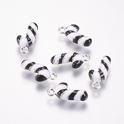 Black Alloy Enamel Pendants, Candy Cane for Christmas Day, Antique Silver, Black, 18x8x5mm, Hole: 2mm