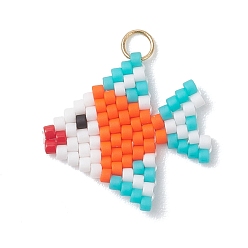 Оранжево-Красный Подвески в виде рыбок из стеклянных бус, с 304 нержавеющей стали, реальный 18 k позолоченный, оранжево-красный, 18.5x19.5x1.5 мм, Перейти кольцо: 4x0.5 мм, внутренний диаметр: 3 мм