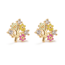 Real 18K Gold Plated Colorful Enamel Flower of Life Stud Earrings with Cubic Zirconia, Rack Plating Brass Jewelry for Women, Cadmium Free & Lead Free, Real 18K Gold Plated, 15x15mm, Pin: 0.6mm
