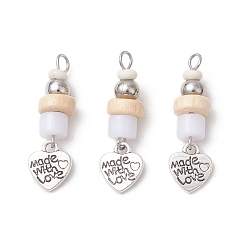 Античный Серебристый & Платиновый Сплавочные подвески тибетского стиля, сердце, с синтетическими бирюзовый, акриловый, дерево и 304 нержавеющая сталь, старинное серебро и платина, 32x10x8.5 мм, отверстие : 4 мм