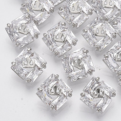 Platinum Brass Shank Buttons, with Micro Pave Cubic Zirconia, Square, Clear, Platinum, 10x10x6mm, Hole: 1.4mm