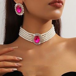 Фуксиновый Овальный комплект из латунных, стеклянных и пластиковых бусин с цепочкой-ошейником и серег-гвоздиков, красно-фиолетовые, 280 мм