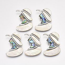 Floral White Abalone Shell/Paua Shell Brooches/Pendants, with Alloy Findings and Resin Bottom, Woman, Platinum, Floral White, 53x39x10.5mm, Hole: 6x5mm, Pin: 0.6mm