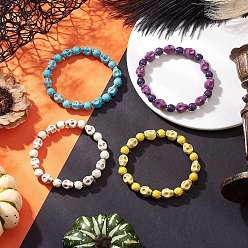 Mixed Color 4Pcs 4 Colors Halloween Dyed Synthetic Turquoise Skull & Round Beaded Stretch Bracelet Sets for Men Women, Mixed Color, Inner Diameter: 2-3/8 inch(5.9cm), 1pc/color