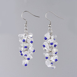 Blue Dangle Earrings, with Glass Seed Beads, Natural Quartz Crystal Chips Beads and Stainless Steel Earring Hooks, Blue, 63mm, Pin: 0.7mm