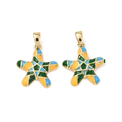 Морская звезда Подвески из латуни с морскими животными и эмалью, стойки покрытие, долговечный, без свинца и без кадмия, реальный 18 k позолоченный, морская звезда, 17.5x16x3 мм, отверстие : 5x3 мм