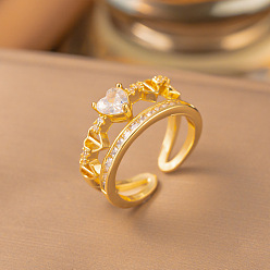 Corazón Anillos abiertos de latón con micro pavé de circonita cúbica, dorado, corazón, 15~20 mm