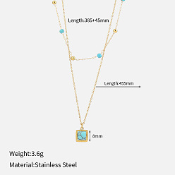 Квадрат 304 двухслойные ожерелья из нержавеющей стали с синтетической бирюзой, золотые, квадратный, 15.16 дюйм (38.5 см), Кулон : 8 мм