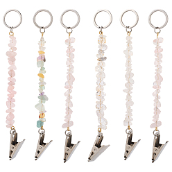 Смешанные камни 6шт. брелок из натурального розового кварца и кварцевого кристалла, с 304 кольцами из нержавеющей стали и железными зажимами, 150 мм, 6 шт / комплект