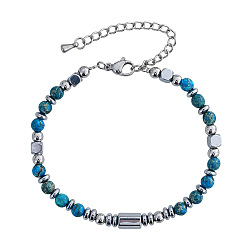 Имперская яшма Браслеты из окрашенной натуральной императорской яшмы и бусин из нержавеющей стали для женщин, круглый и дисковый, 6.50 дюйм (16.5 см) ~ 6.69 дюйм (17 см)