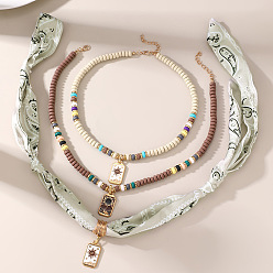 Белый Прямоугольный кулон из цинкового сплава с эмалью 3 многослойное ожерелье, Шарфы-ожерелья из стеклянных бусин для женщин, золотые, белые, 15.75 дюйм (40 см) ~ 21.26 дюйм (54 см), 3 шт / комплект