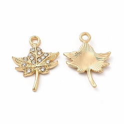 Crystal Rack Plating Eco-friendly Alloy Rhinestone Pendants, Maple Leaf Charm, Golden, Crystal, 21x16.5x2.5mm, Hole: 1.2mm